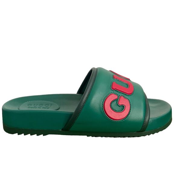 GUCCI  Jumbo Logo Embossed Slide Sandals Italian Leather Green Men's Size G9 NEW - Picture 4 of 12